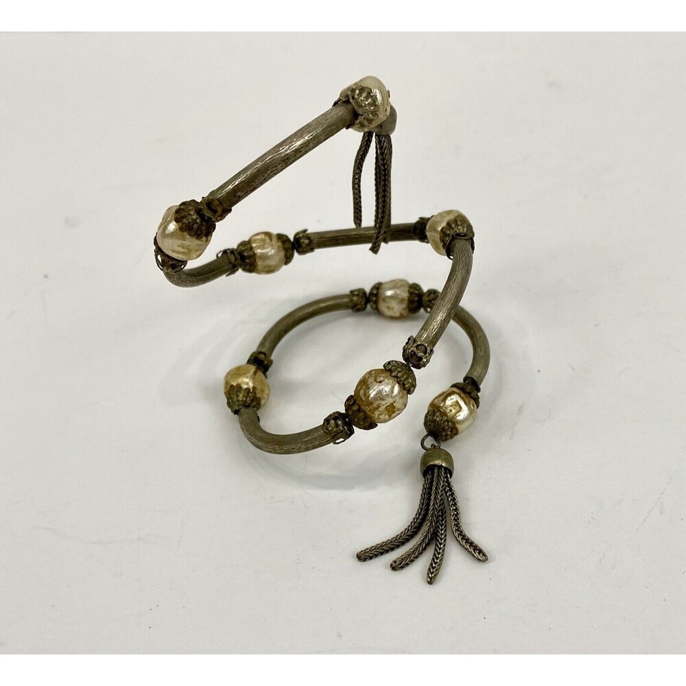 Vtg MIRIAM HASKELL Baroque Pearl Beaded Gold Pl Tassels Fringe Wire Bracelet